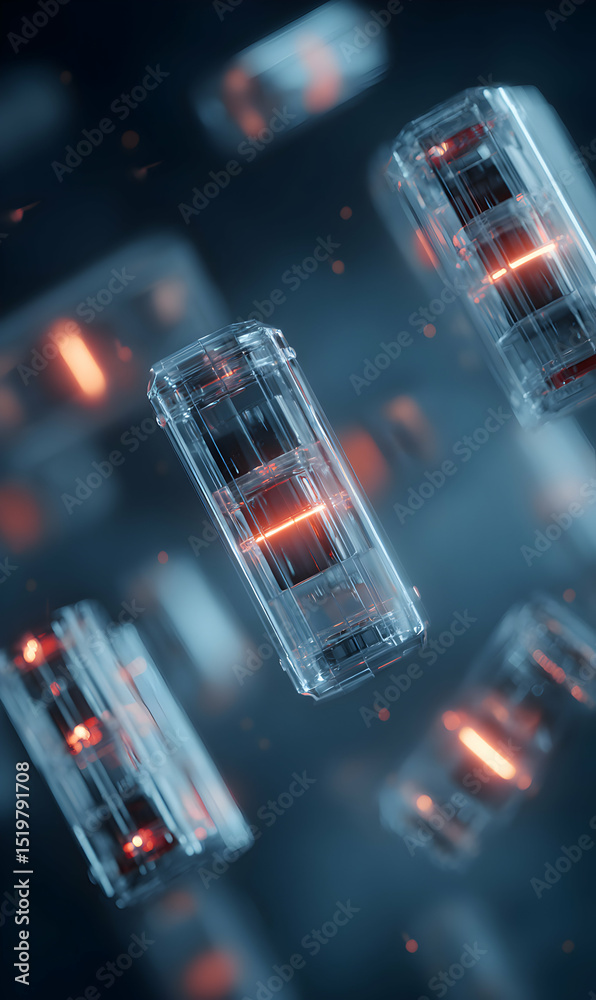Poster abstract rendering of futuristic containers floating in digital space showing technology of tomorrow