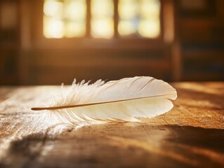 Close-up of a feather quill with a blurred antique writing desk