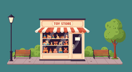 Toy store facade with toys and street view
