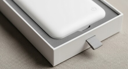 close-up of white electronic device in textured packaging box