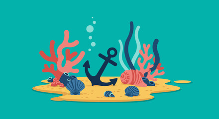 Underwater marine life with anchor and sea shells © Lentera