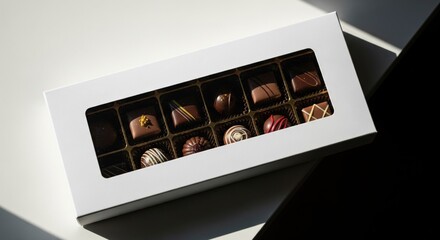 Assorted gourmet chocolates in white gift box with window
