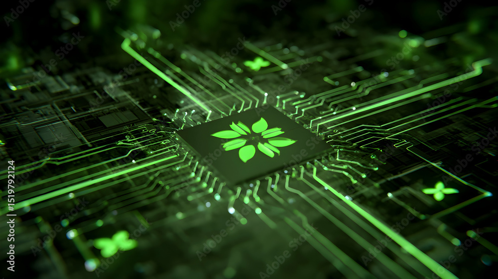 Poster concept of eco friendly technology showing circuit board with a plant based processor unit using gre