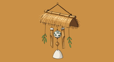 Wind chime hanging with straw and bamboo element