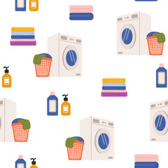 Laundry vector seamless pattern. Dirty clothes in basket, washing machine and detergents. Laundry illustration on white background.