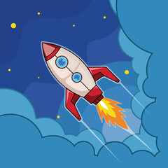 rocket launch into space vector illustration template graphic design . outer space exploration with stars and cloud sky for astronomy and science technology idea concept with backgrounds in flat style