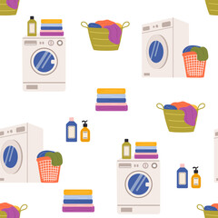 Laundry vector seamless pattern. Dirty clothes in basket, washing machine and detergents. Laundry illustration on white background.