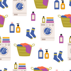Laundry vector seamless pattern. Dirty clothes in basket, washing machine and detergents. Laundry illustration on white background.