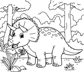 Cute cartoon vector illustration of a rhinoceros-like dinosaur in nature, perfect for coloring book or farm animal design outline