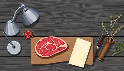 Overhead View of Raw Meat and Office Supplies on a Wooden Surface