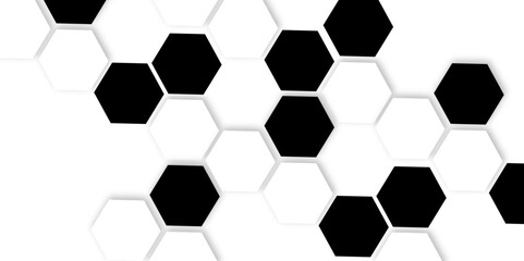 black and white hexagons arranged in a repeating pattern design style.