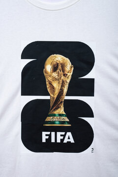 ZHONGSHAN China-May 30 2025: 2026 World Cup logo on a T shirt at vertical composition.