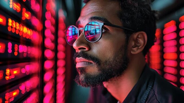 Focused data analyst in server room