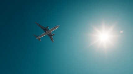 快晴の空を飛ぶ旅客機と太陽