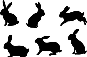 Rabbit Silhouette Collection Isolated Black Designs on White Background Featuring Various Poses and Styles for Graphic Design Projects