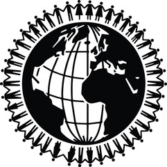 Globe with People Holding Hands Around It Unity Silhouette Vector Illustration