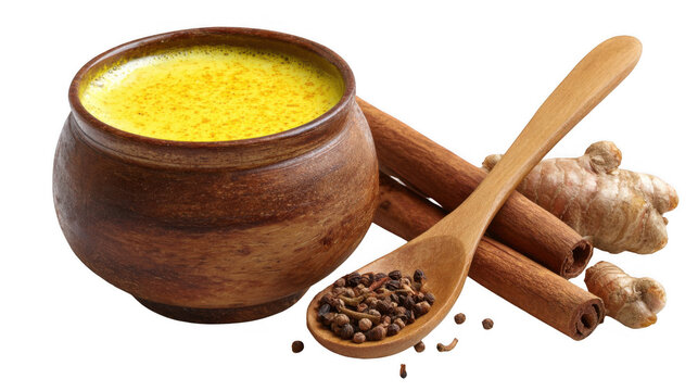 Turmeric latte in wooden bowl. Cinnamon sticks. Ginger root. Cloves and peppercorns on wooden spoon. Creating a warm and inviting scene promoting healthy lifestyle. Isolated on transparent background