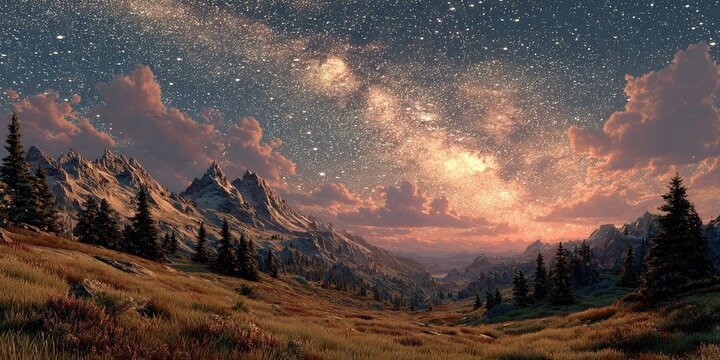 Starry night sky reflected in the water and lush forest trees