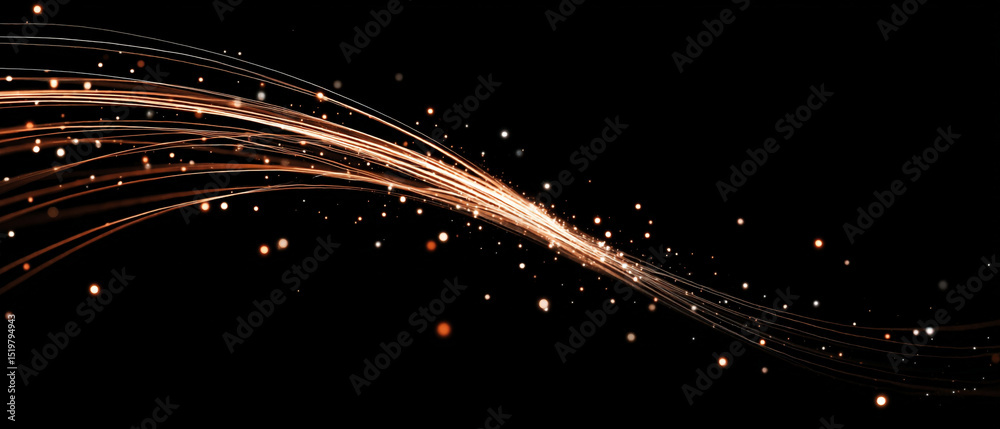 Poster Abstract golden light trails with bokeh effect on a dark background creating a dynamic and elegant design