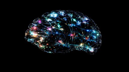 Illuminated Brain Model with Network Connections and Sparkles on Black Background