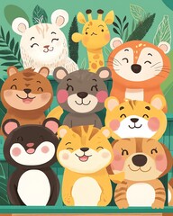 Obraz premium A cheerful group of cute cartoon animals, including a panda, tiger, and giraffe, set against a vibrant green background.