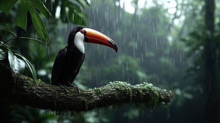 Fototapeta premium Toco toucan perched on a branch in the rainforest during rain