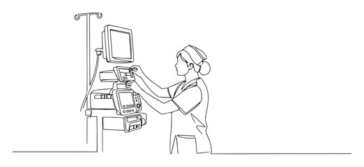nurse using medical equipment line art hospital monitoring system minimal vector illustration