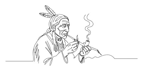 native american man smoking pipe line art traditional culture minimal vector illustration