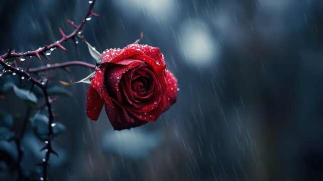 A dramatic close-up of a single rain-soaked red rose entangled in a web of thorny branches.
