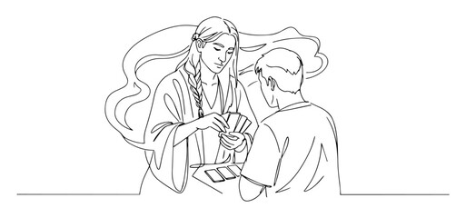 gypsy woman reading palm line art hand fortune telling scene minimal vector illustration