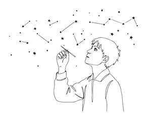 boy drawing constellations line art child imagining stars minimal vector illustration © Wieslaw