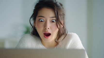 驚いた表情で画面を見る女性