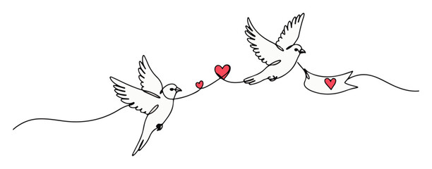doves delivering love letter – continuous line valentine illustration