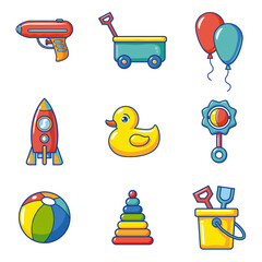 Cute toys icons for kids: water gun, cart, balloon, rocket, rubber duck, ball