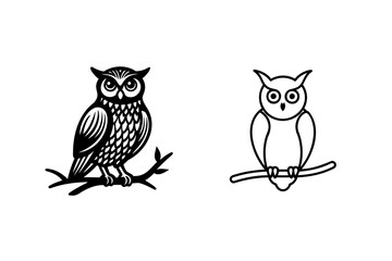 Two stylized black and white owl illustrations perched on branches for various design concepts