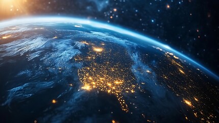 Obraz premium Earth View at Night Showing City Lights From Space Perspective