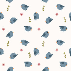 Bird blue cartoon so cute. On flower background. Pattern seamless vector illustration. 