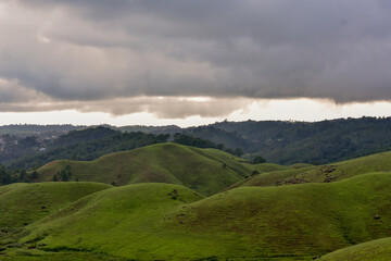 Rolling green hills and dense forests stretch towards a cloudy sky, showing rural landscape of...