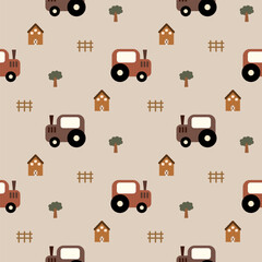 Tractor cartoon so cute. On tree house fence background. Pattern seamless vector illustration. 