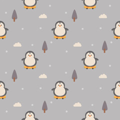 Penguin play skateboard cartoon so cute. On tree cloud snow background. Pattern seamless vector illustration. 