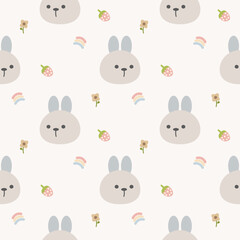 Face rabbit cartoon so cute. On strawberry rainbow flower background. Pattern seamless vector illustration. 