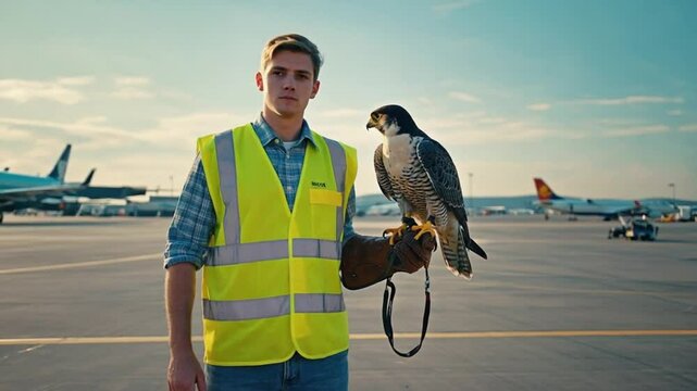 Worker with a Falcon checking birds at the airport.