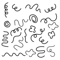 Abstract hand drawn black curly spiral squiggle line shape icon set in wavy artistic doodle stroke vector illustration element collection.