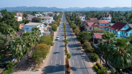 Aerial view of long road lined with trees and houses, stretching towards distant mountains
