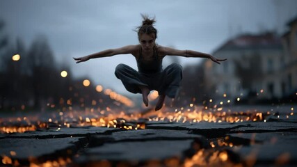 Young woman jumping with arms outstretched and legs crossed against cityscape with lights and sparks in evening - Powered by Adobe