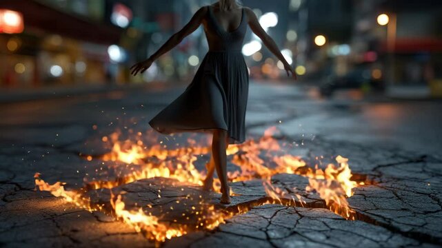 A woman in a long dark dress walks down a cobbled city street, leaving fiery trails behind her. Flames emanate from her feet, creating bright orange flames and sparks on the pavement
