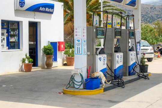 Amorgos, Greece - May 18, 2024 - Elin petrol station on Greek island of Amorgos. Cyclades, Greece