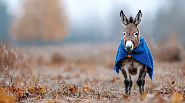 Cute donkey wearing blue blanket stands in foggy field surrounded by autumn leaves, evoking whimsical and charming atmosphere