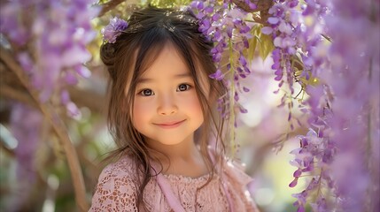 Fototapeta premium 藤の花に囲まれた笑顔の女の子のポートレート