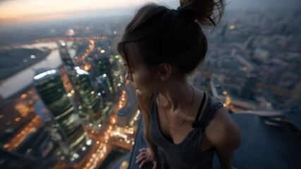 Young woman on high looking down at night city with many lights during sunset or twilight